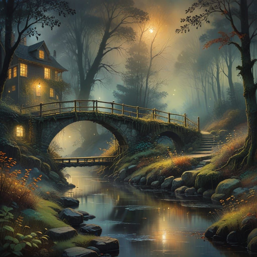 Misty Autumn Forest Scene in Whimsical Watercolor Style