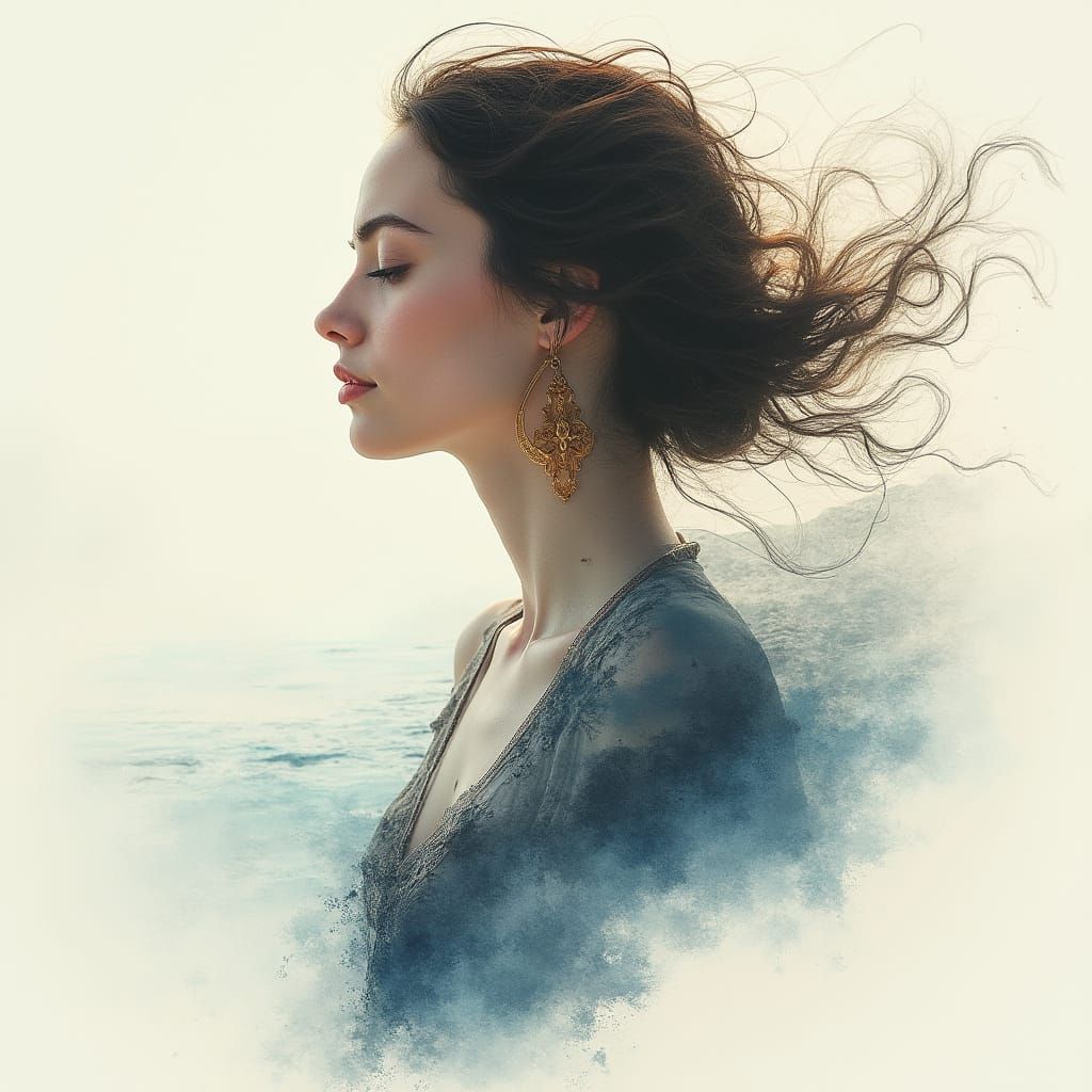 Ethereal Young Woman Amidst Majestic Mountains and Sea