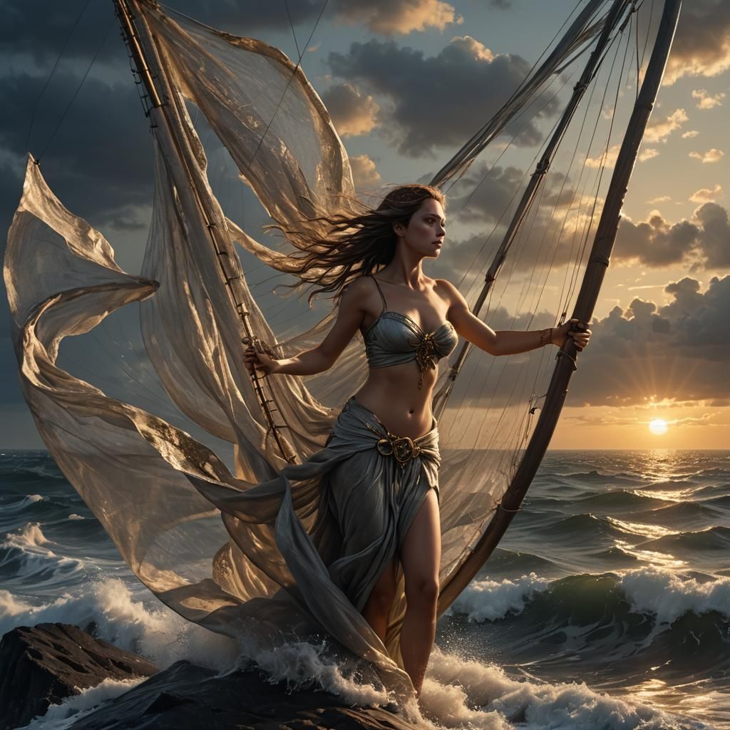 Woman Adrift at Sea in Dark Fantasy Style