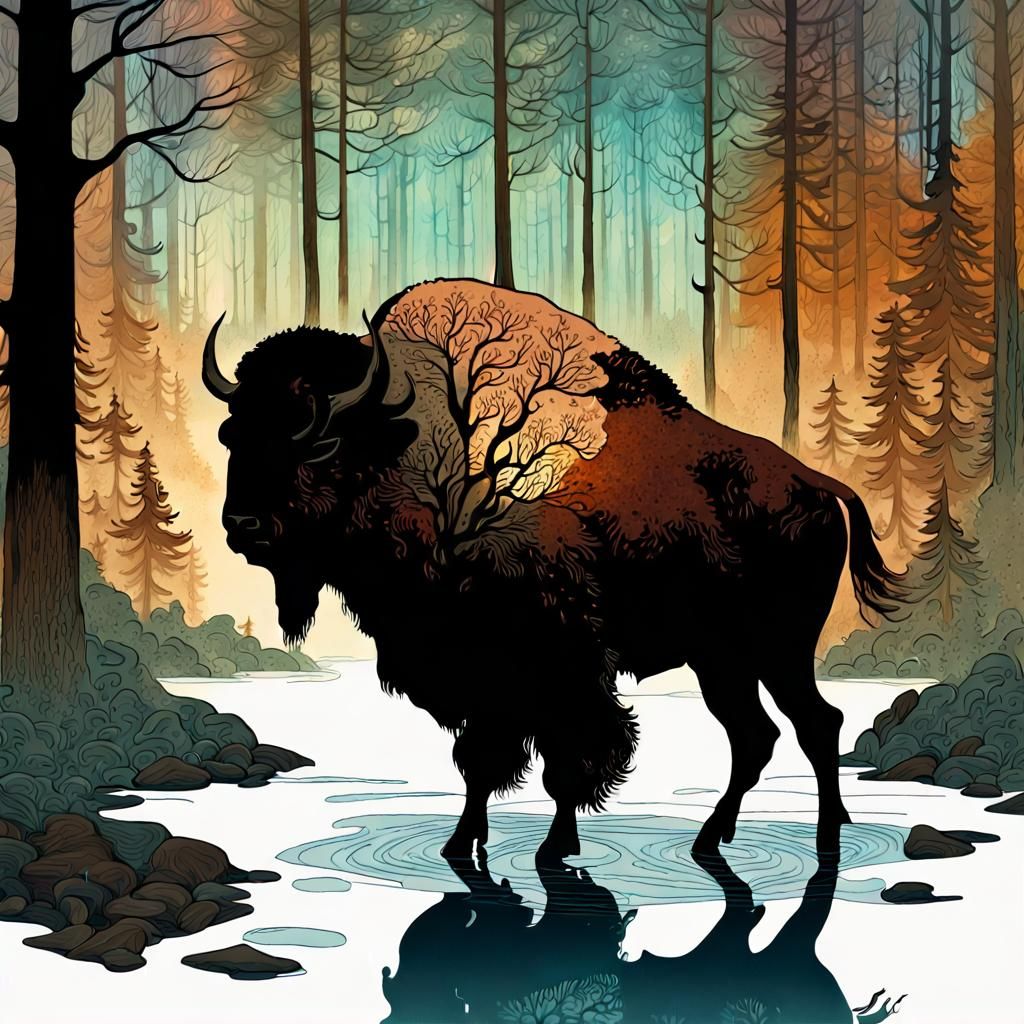 Dark Fantasy Bison Double Exposure Illustration