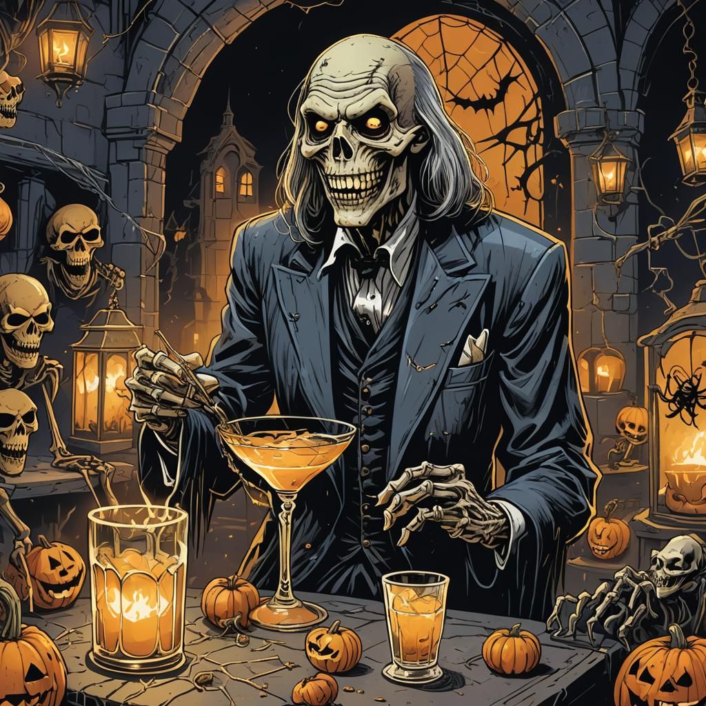 Crypt Keeper Laughing at Spooky Party, Comic Book Style