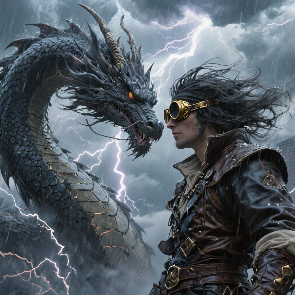 Sky Pirate and Dragon in Storm, Abstract Style