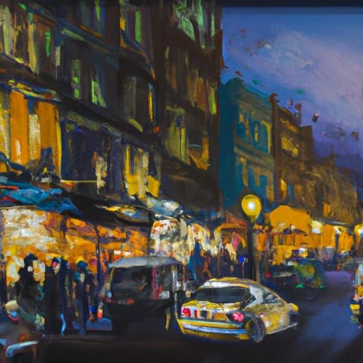 Night Street Scene Oil Painting with Expressive Brushwork