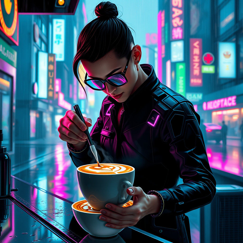 Cyberpunk Barista Creates Latte Art in Dystopian City