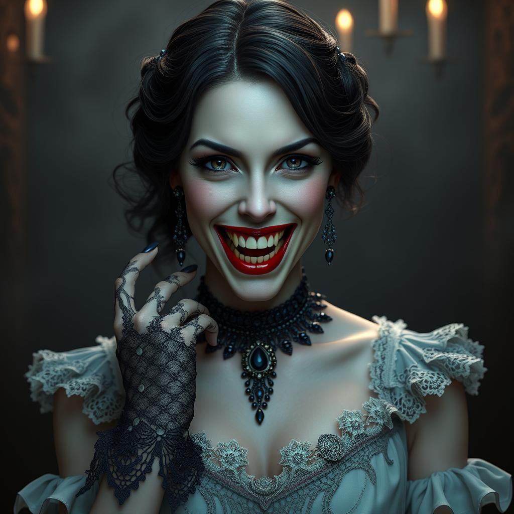 Eerie Woman with a Creepy Smile in Dark Fantasy Style