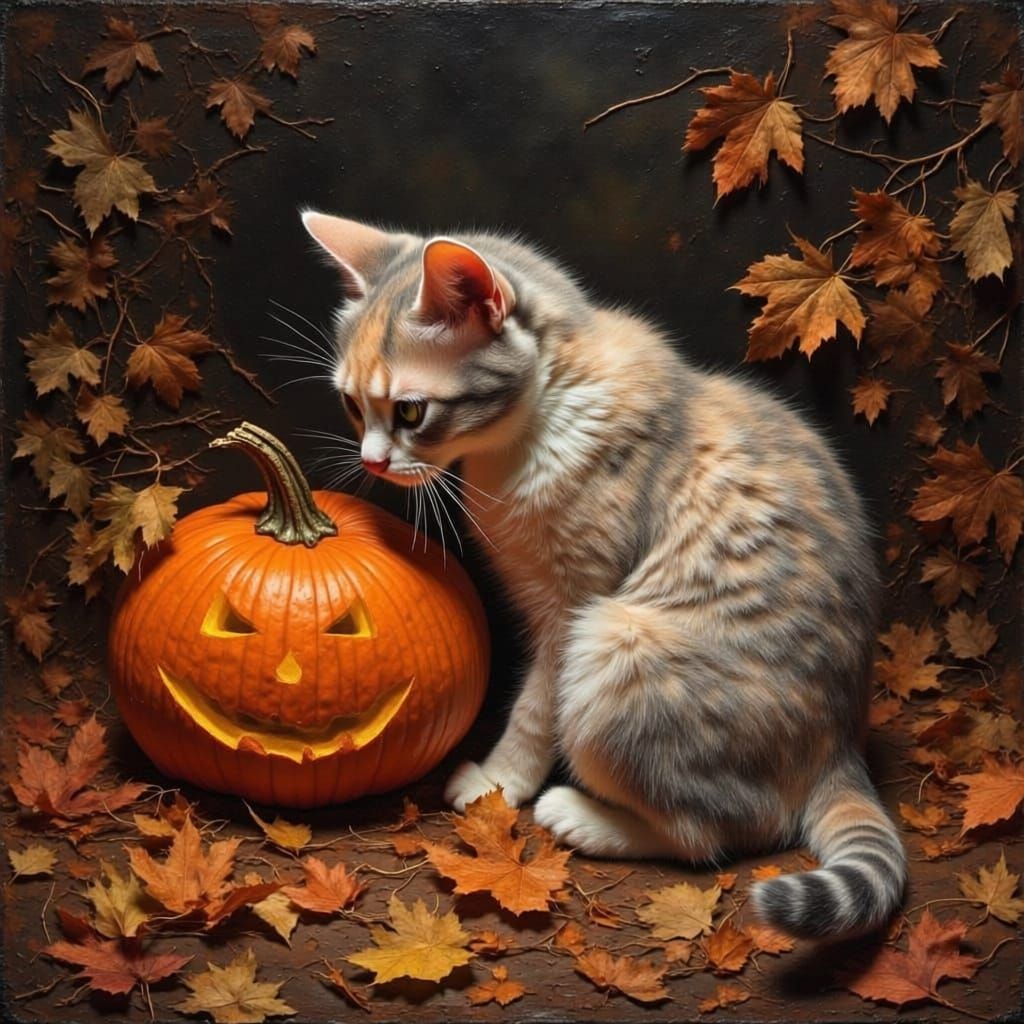 Tiny Pearl Cat and Pumpkin in Autumn Leaves