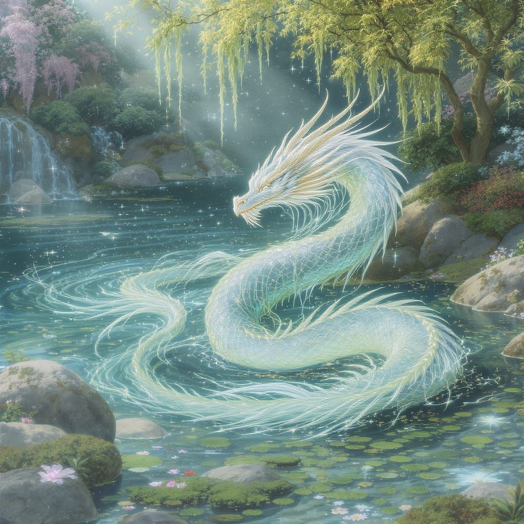 envision a serene water dragon gracefully emerging from a pristine, untouched lake, its ethereal form shimmering in the ...