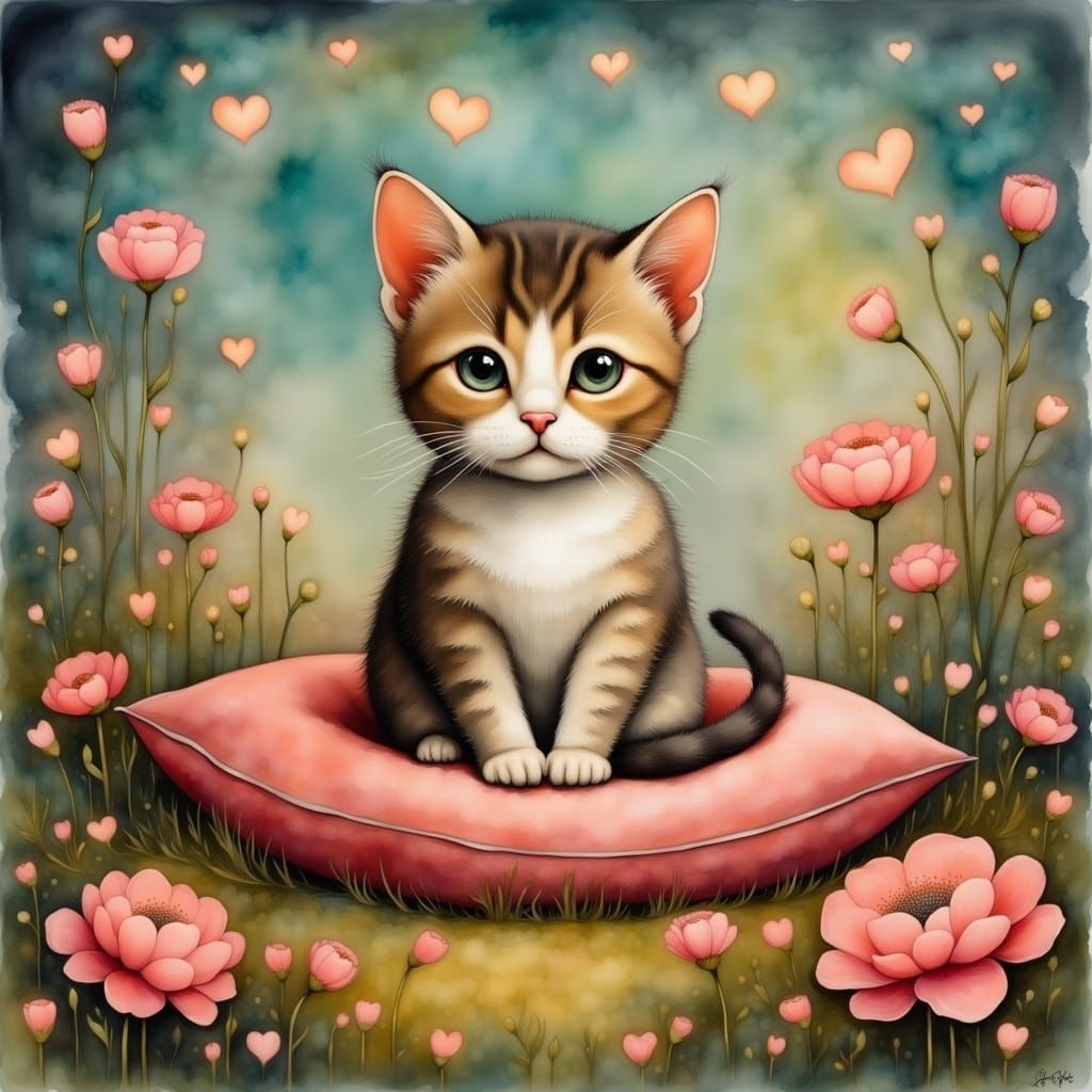 Cute Cat with Flowers and Heart Lights