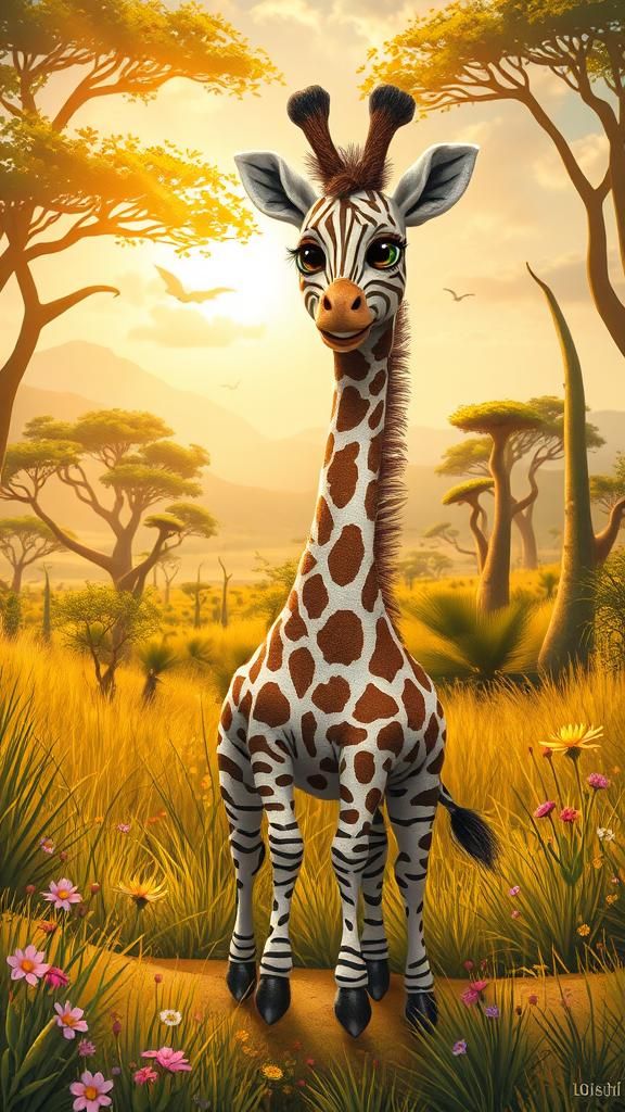 Whimsical Zebra-Giraffe Creature in a Fantasy Landscape