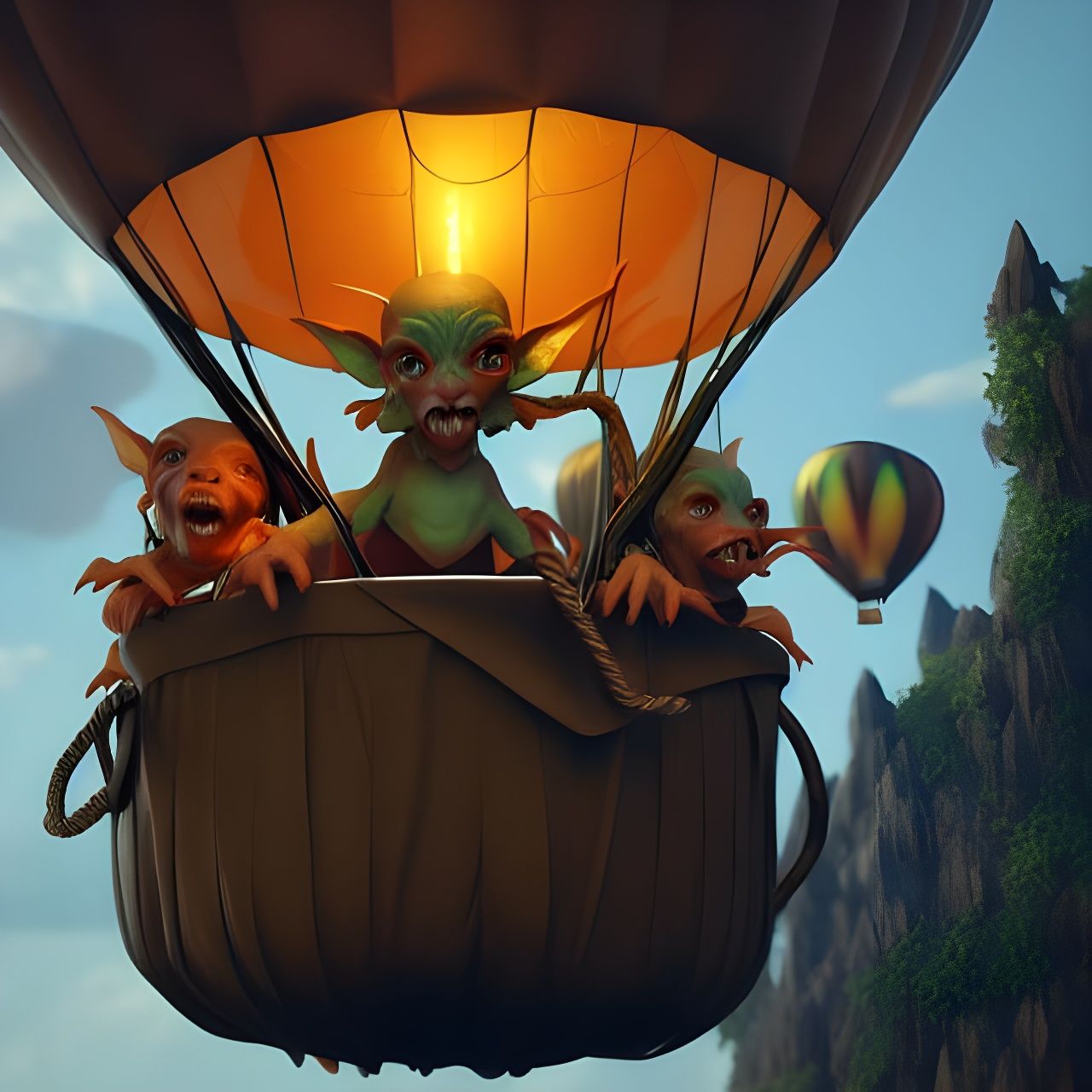 Goblins on a Flying Balloon: Fantasy Oil Painting