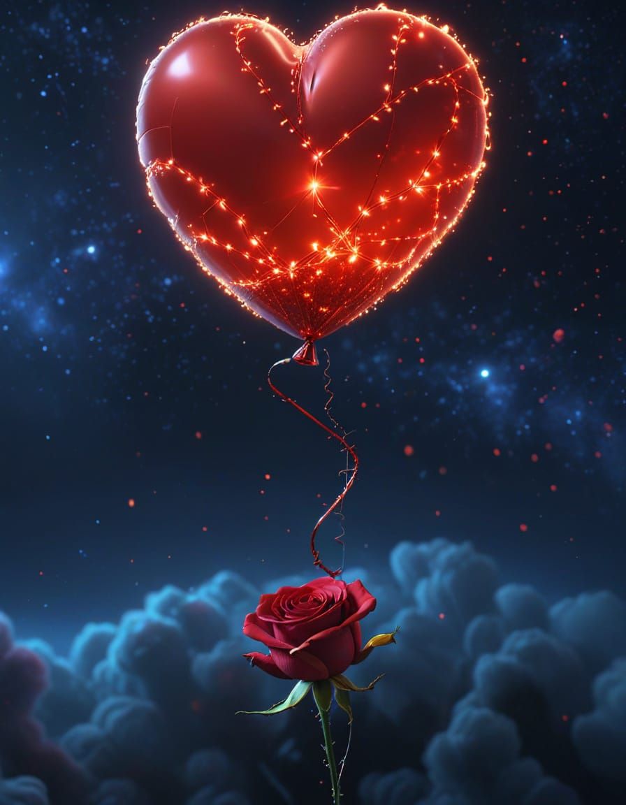 Red Rose Knotted to a Heart Balloon: Digital Art