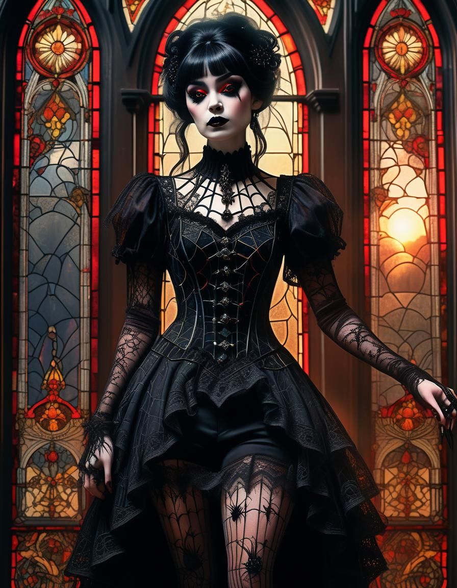 Gothic Lady in Front of Stained Glass Window