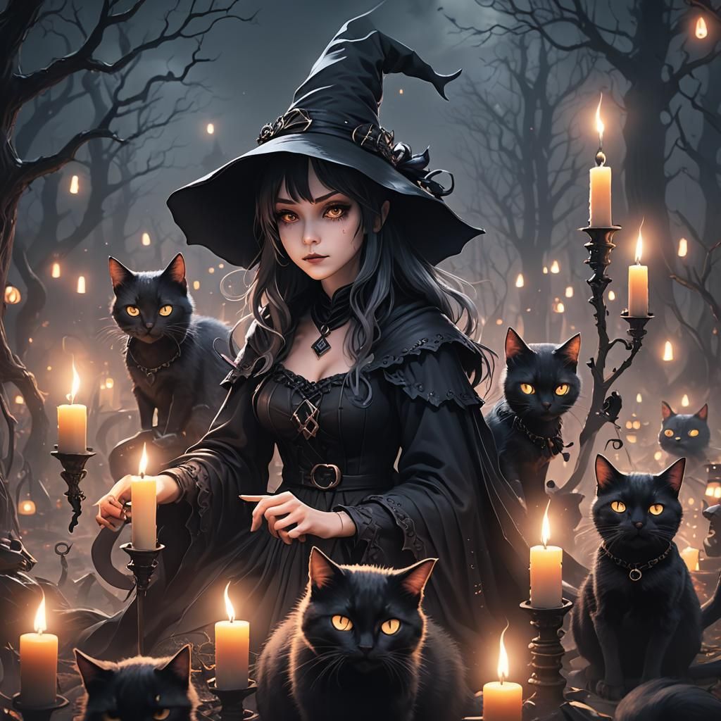 Anime Witch Casting Spells in a Dark Fantasy Scene