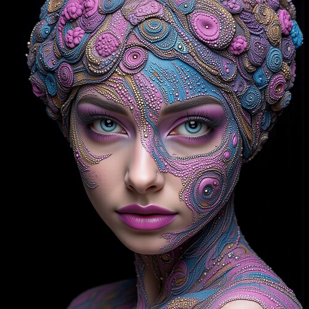Woman's Face: Abstract Sculpture with Cyan, Pink, and Gold
