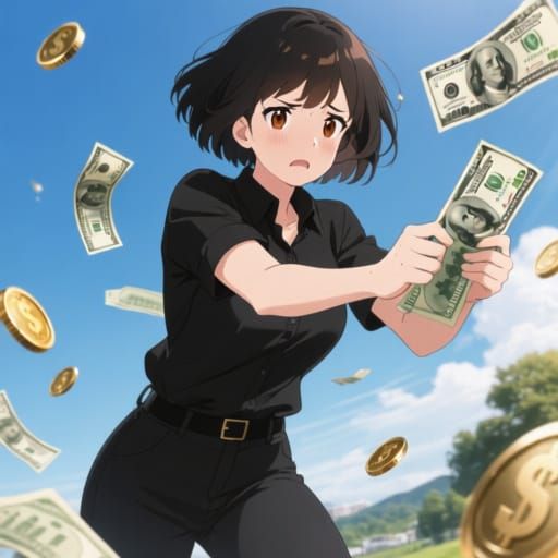 Woman Fails to Grasp Flying Money in Anime Style