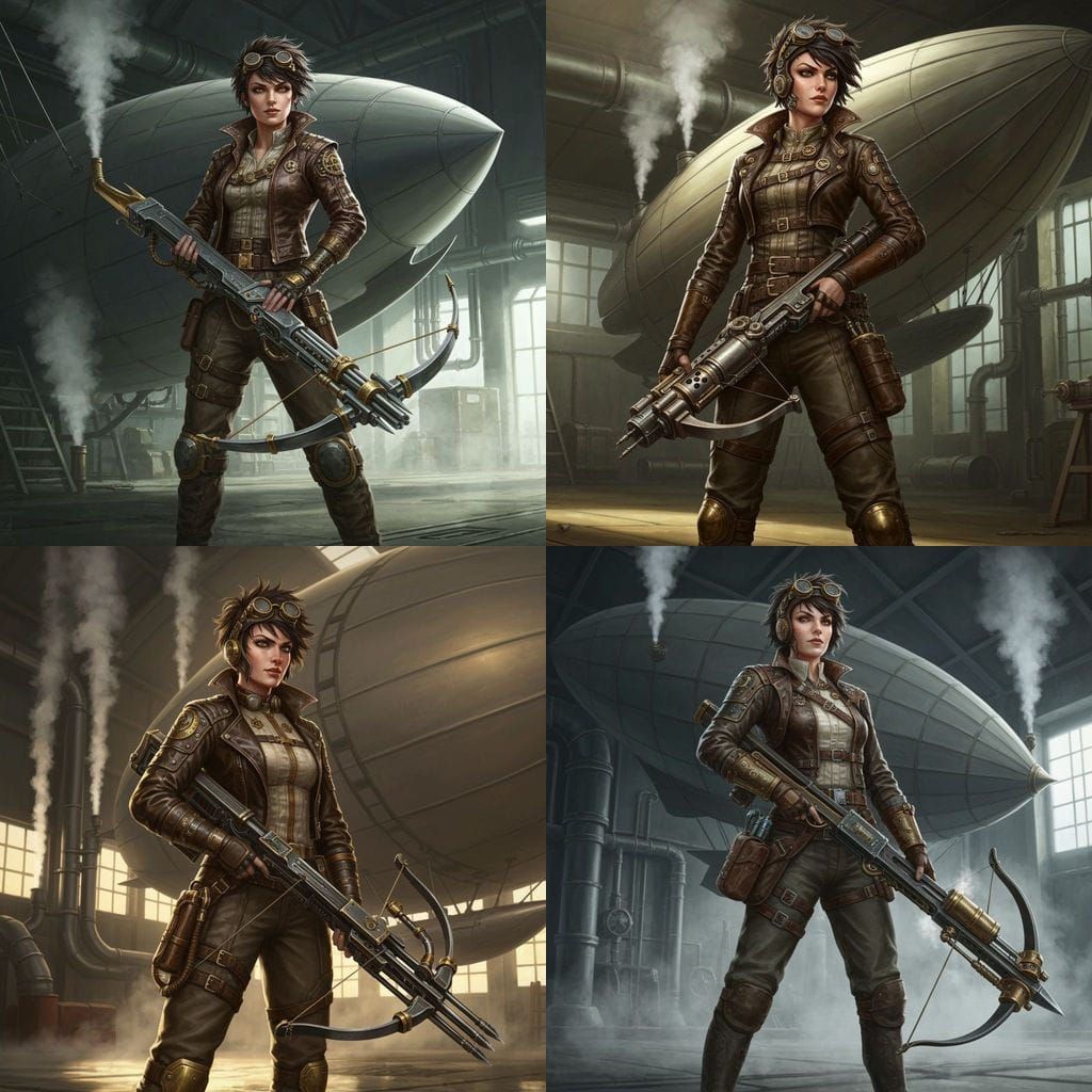 Steampunk Pilot In Hangar With Airship