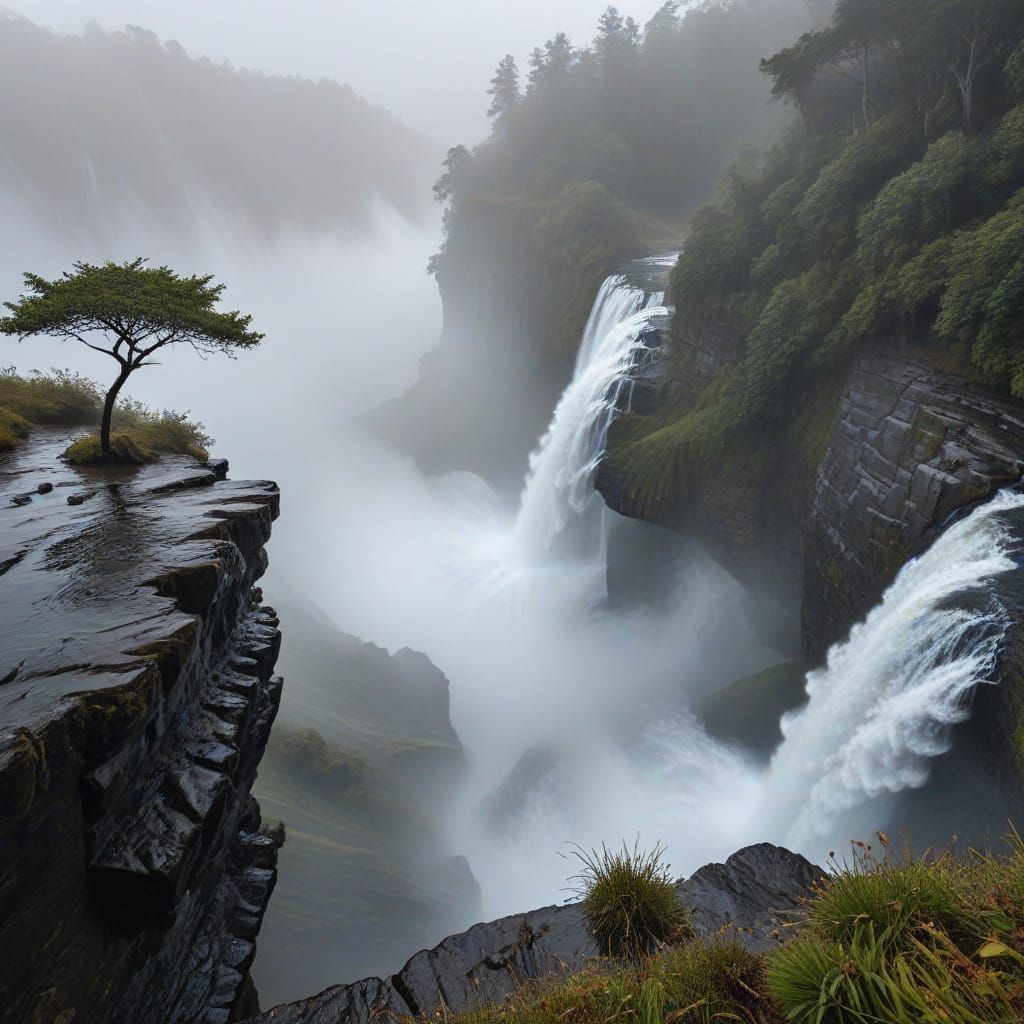 Waterfall Cliff Edge with Swirling Fog Horizon