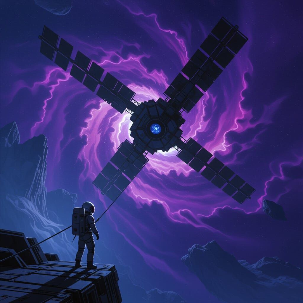 Astronaut Adrift Near Skeletal Space Station