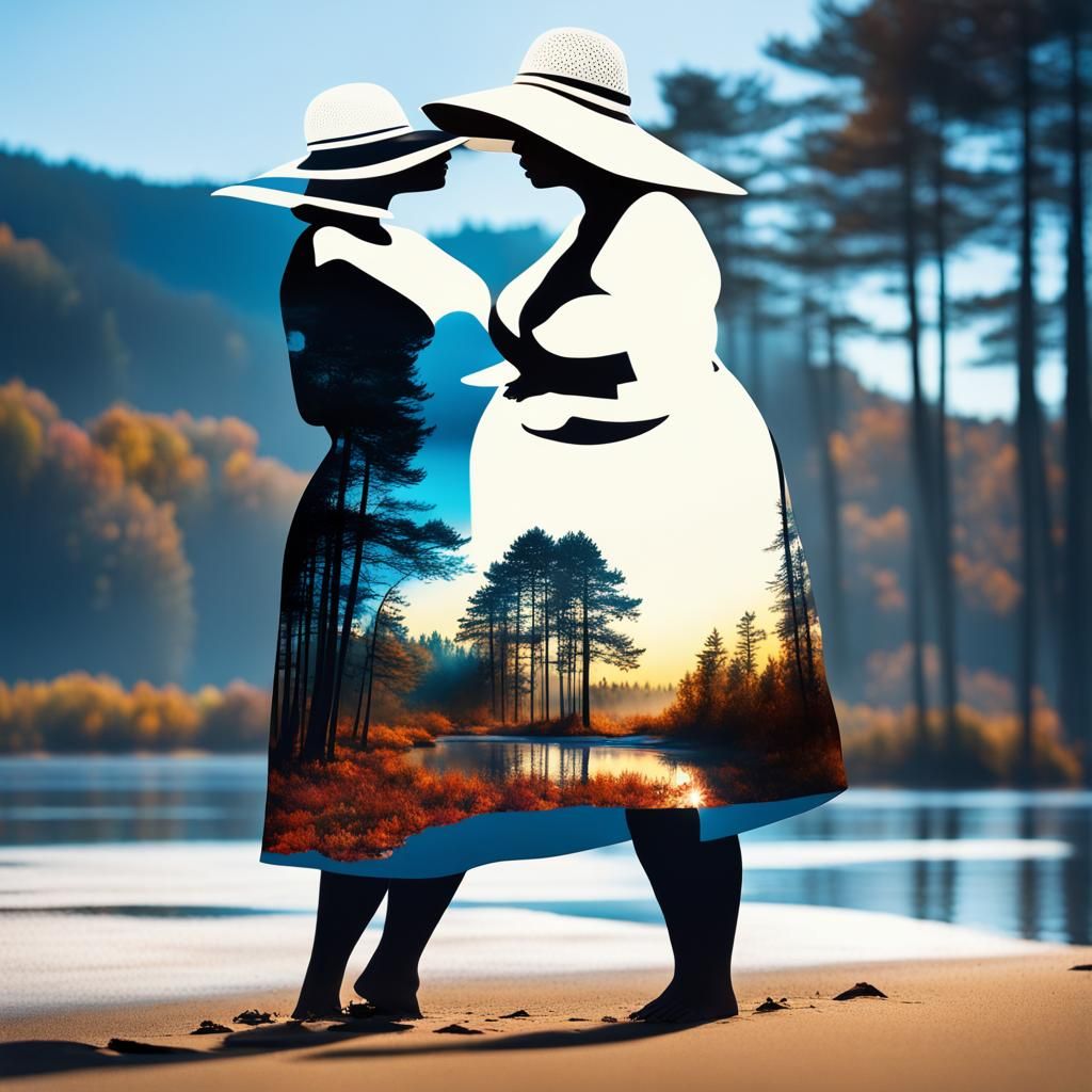 Double Exposure Art: Woman and Angel Silhouettes
