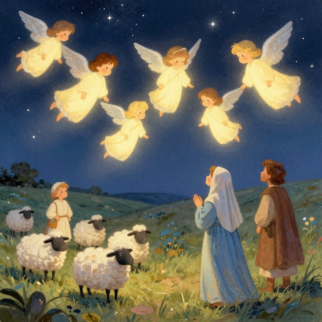 Angels Descend Above Amazed Shepherds in Starry Night