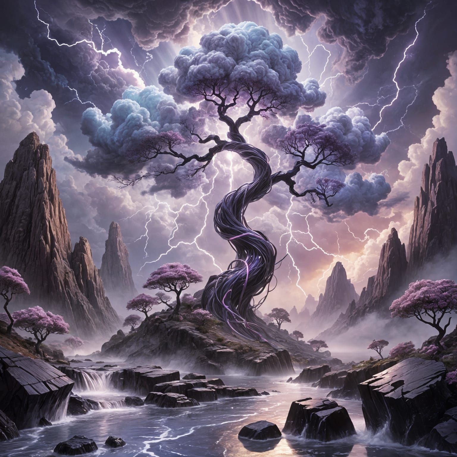 Divided Tree Amidst Pastel and Ominous Worlds
