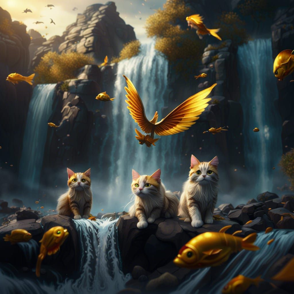 Winged Cats Fly Above Golden Waterfall: Fantasy Art