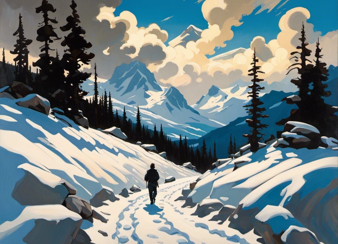 Snowy Mountain Path Under Cloudy Skies