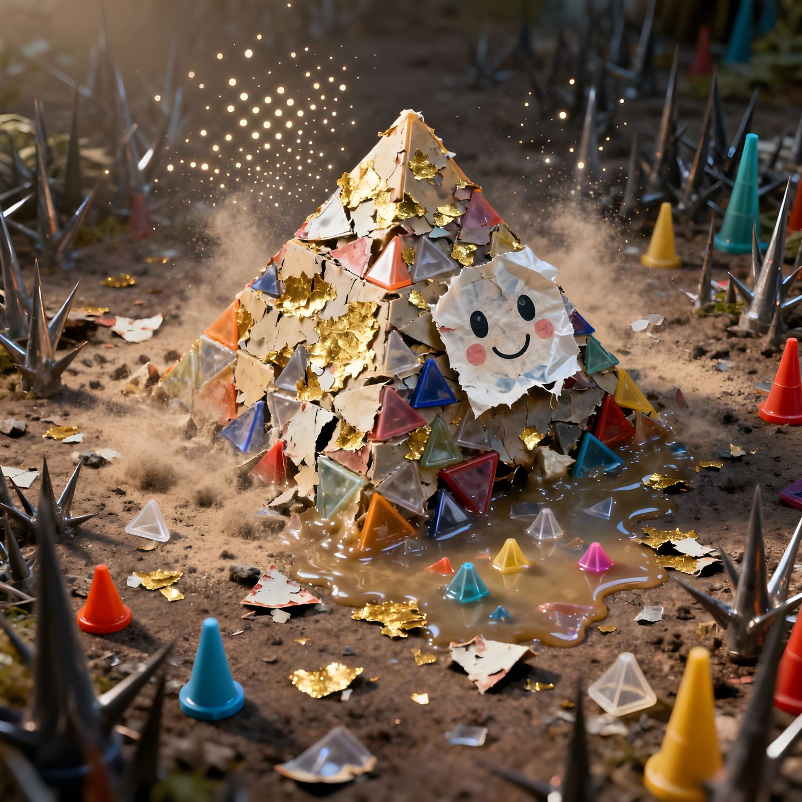 Melting Pyramid of Gold Flakes and Plastic with Smiling Face