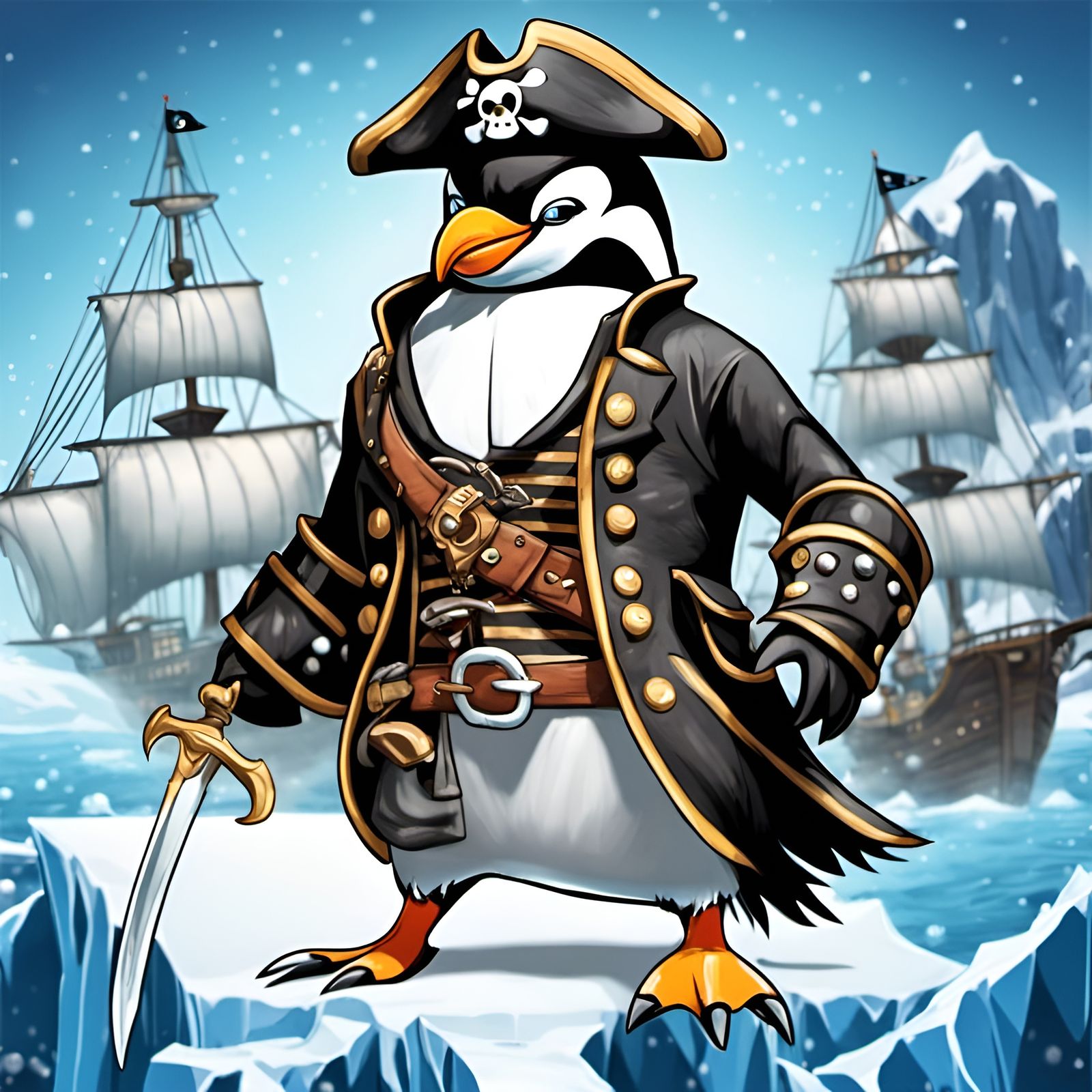 Fierce Angry Penguin Pirate on Frozen Sea