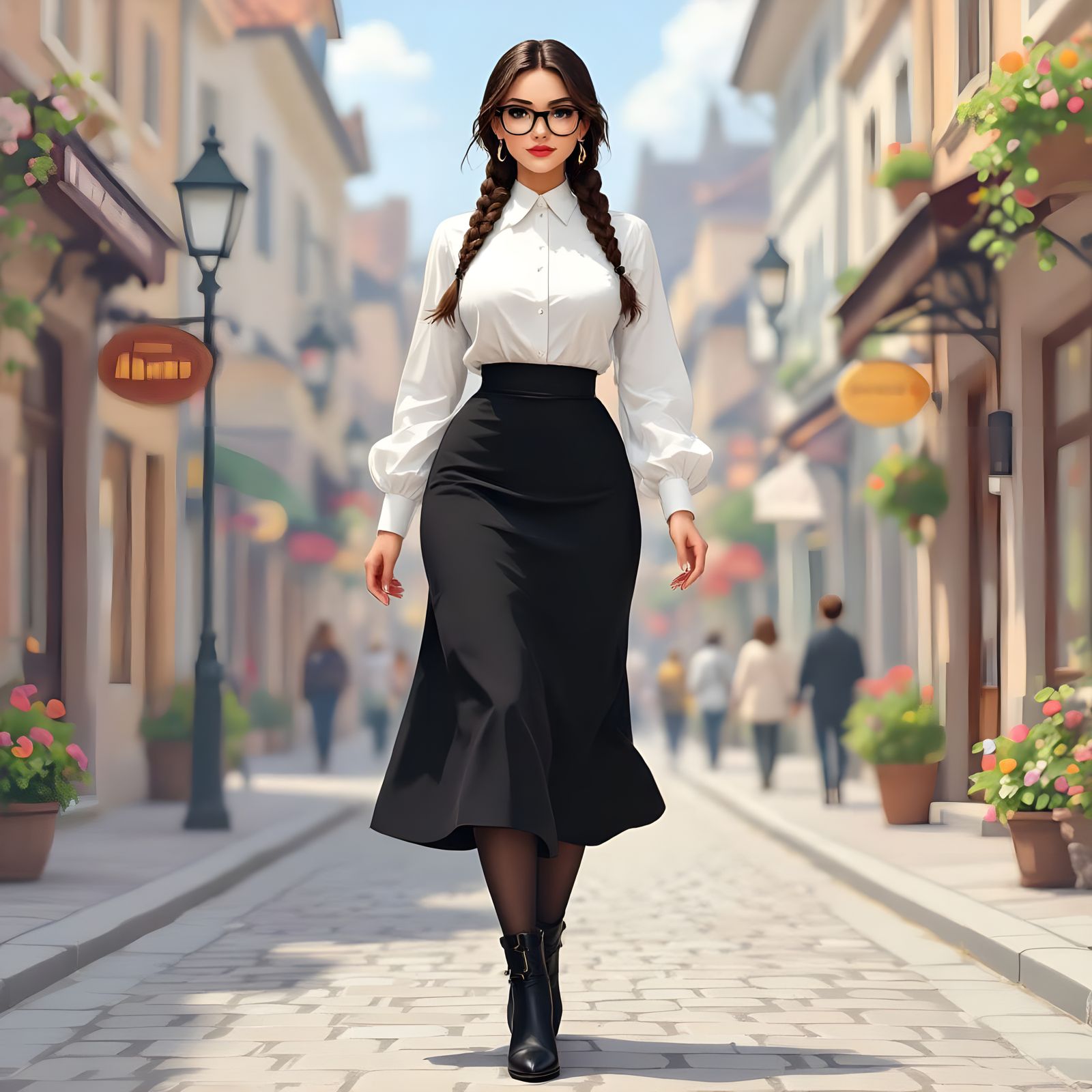 Woman in Cityscape with Art Nouveau Style