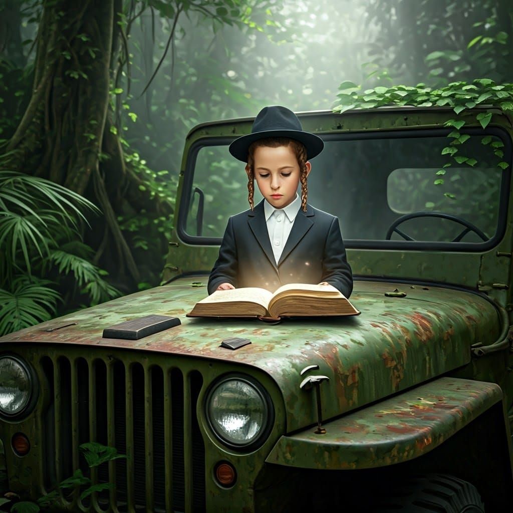 Young Jewish Boy Studies Ancient Book in Jungle