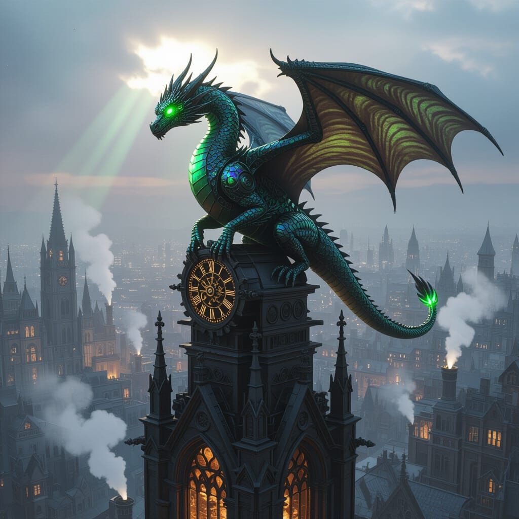 Clockwork Dragon on Gothic Spire Over Steampunk City