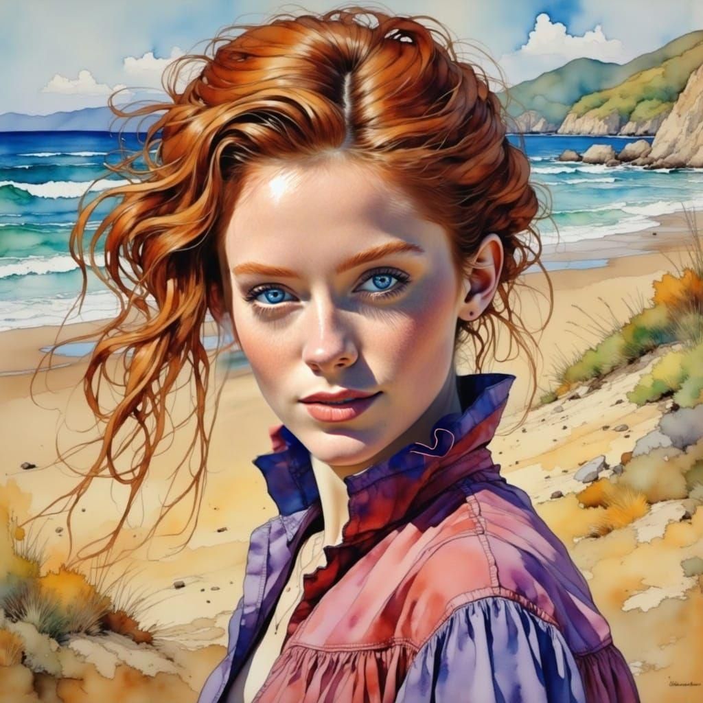 Red-Haired Woman on Beach in Painterly Style