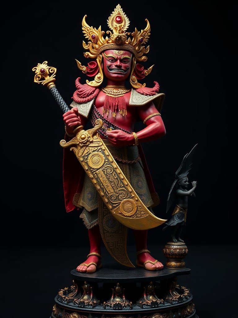 Thai Mythological Figure in Golden Regalia with Majestic Cri...