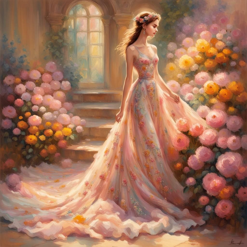 Luminous Girl in Floral Gown in Kaleidoscopic Garden