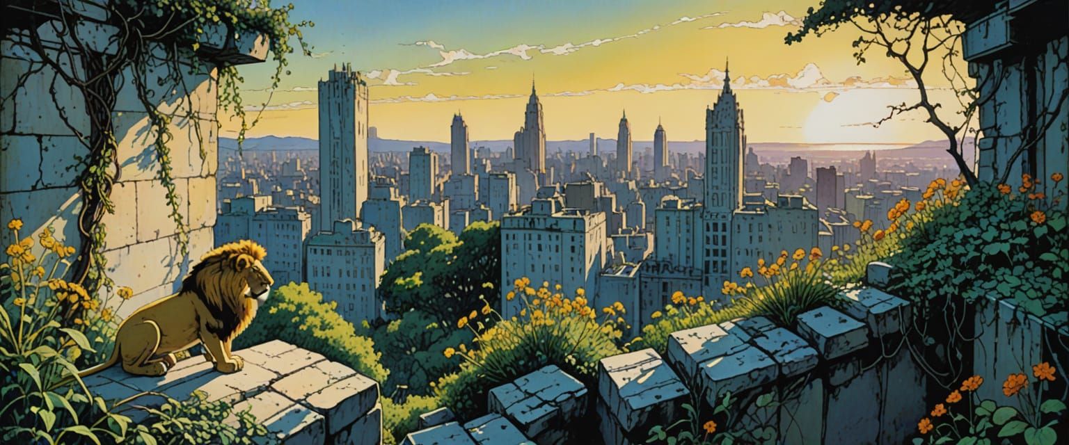 Lion Overlooking City Ruins in Watercolor Style