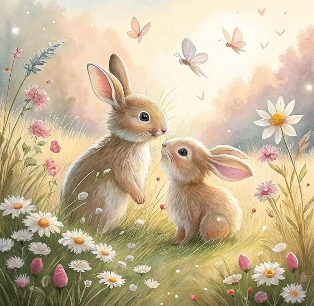Delicate English Bunnies in a Dreamy Meadow
