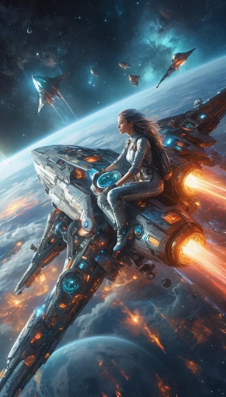 Woman Rides Spaceship Through Outer Space