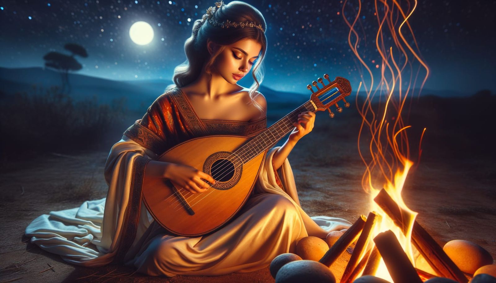 Girl Playing Mandoliera by Campfire at Night