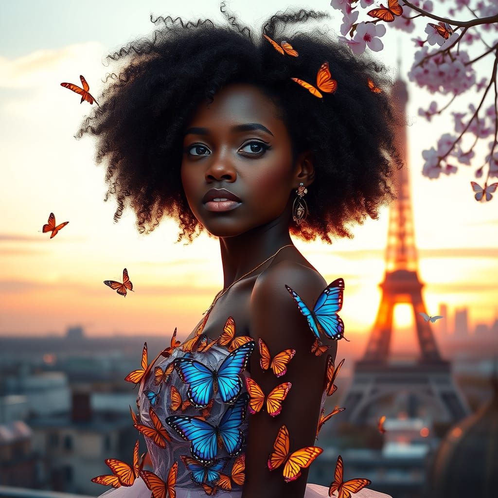Stunning African Girl Stands Before Eiffel Tower at Sunset i...