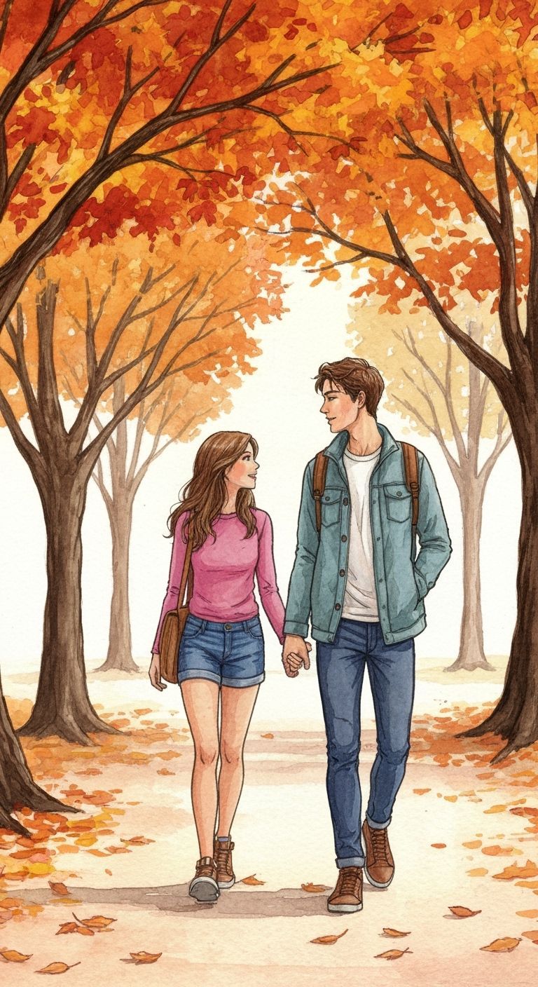Teen Couple Walking Amidst Autumn Trees