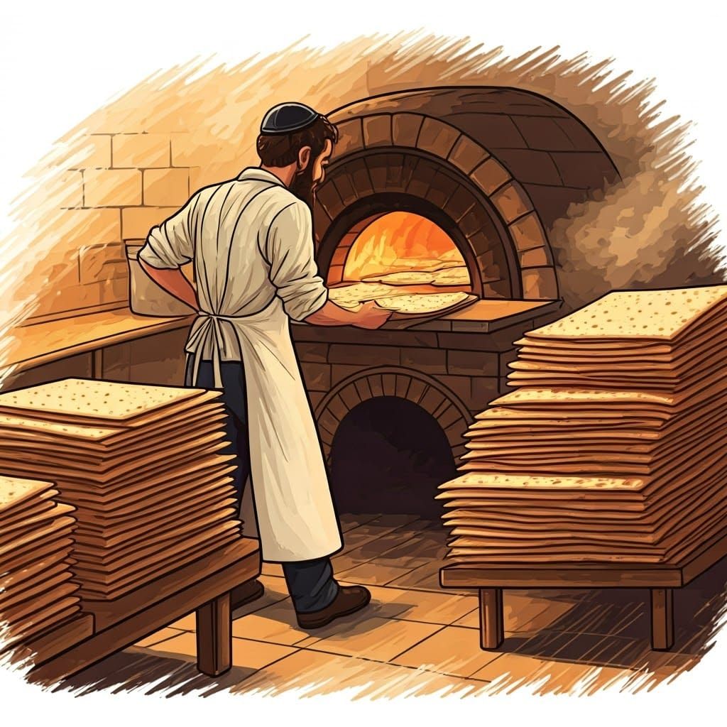 a cartoon scene of a man in a traditional matzah bakery.