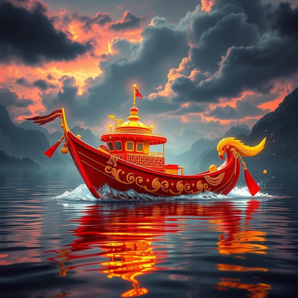Detailed Red and Yellow Boat in Fantasy Art Style