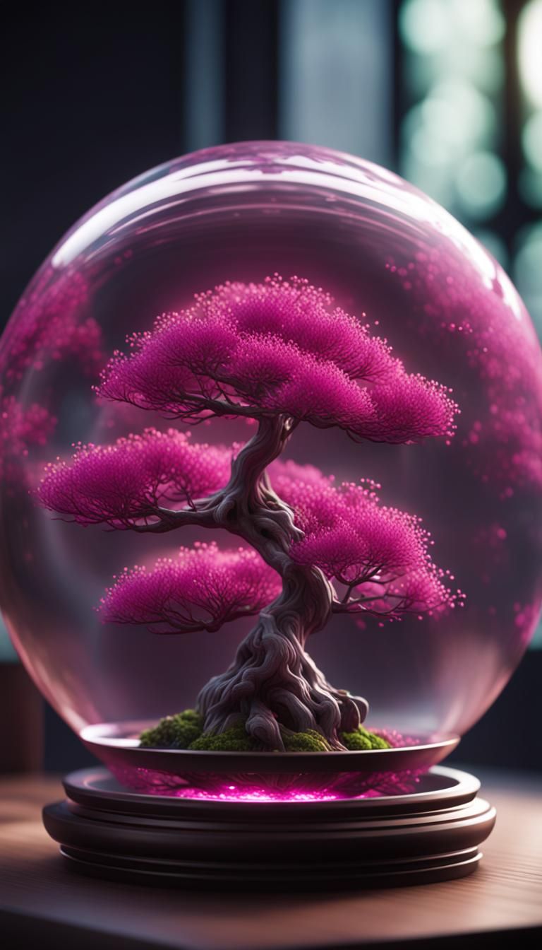 Magenta Bonsai Tree in Glass Orb, Hyperrealistic Art