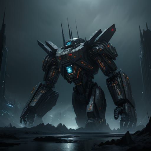Epic Obsidian Robot Monolith in Dark Sci-Fi Environment