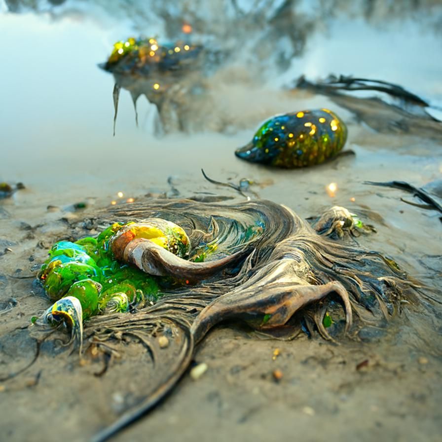 Surreal Sea Slugs on Shoreline in Digital Painting Style