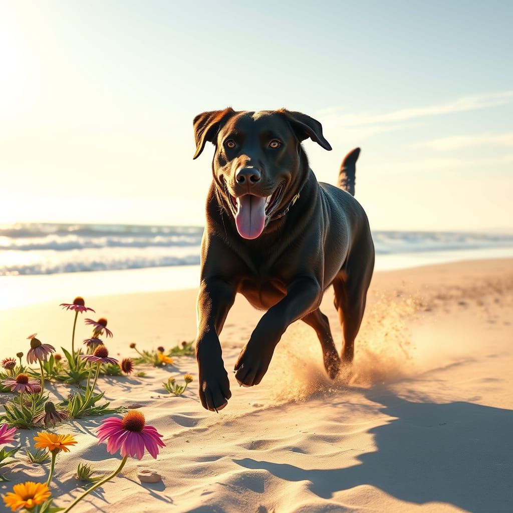 Labrador Runs on Beach with Flowers, Fantasy Art