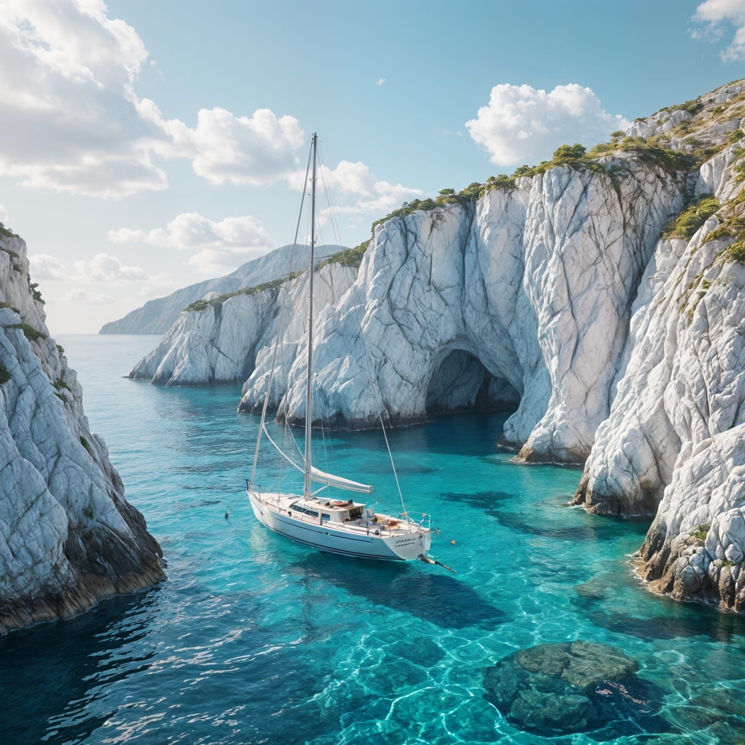 Sailboat by White Cliffs on Greek Coast as Matte Painting