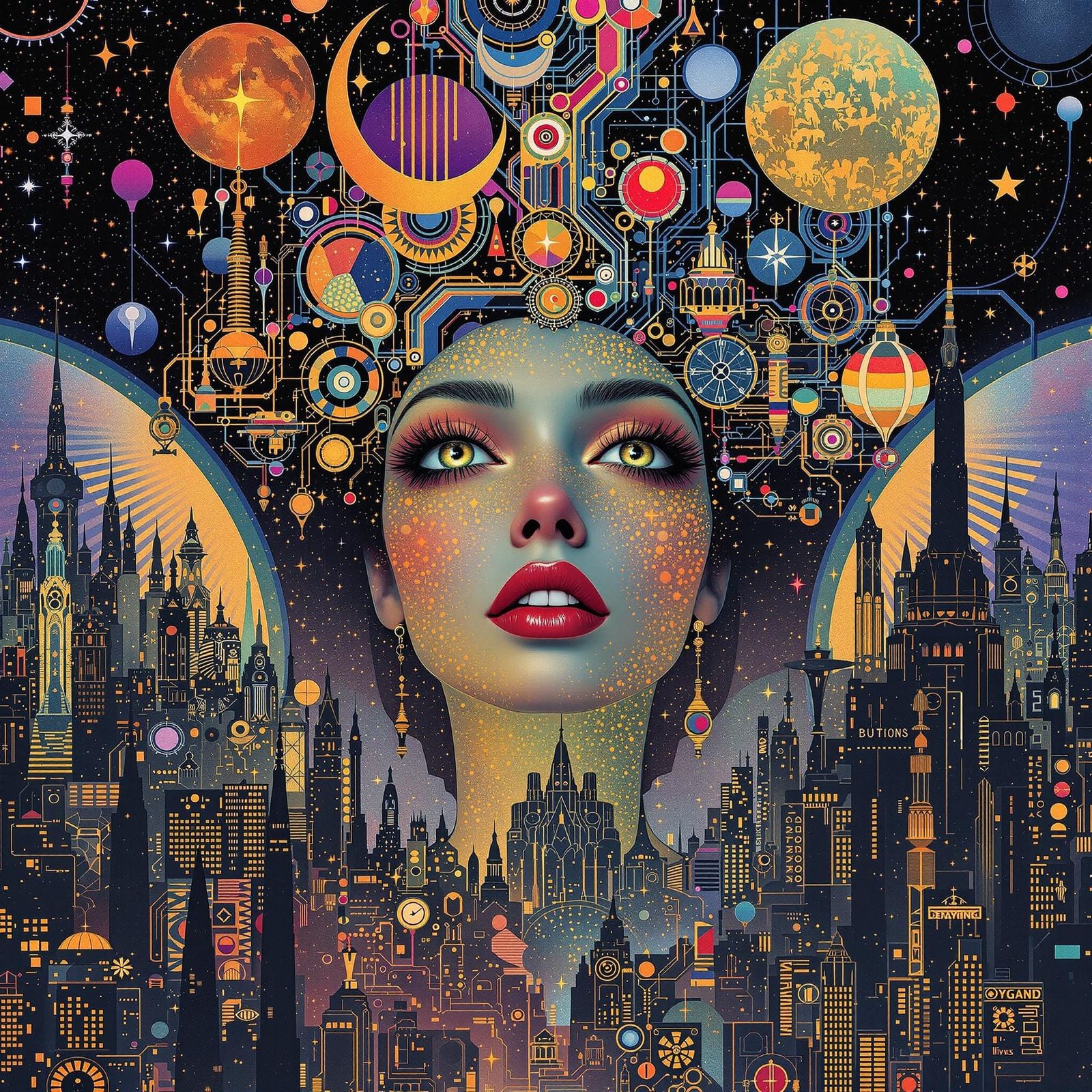 Retro-Futuristic Goddess in Klimt-Inspired Cyberpunk Citysca...