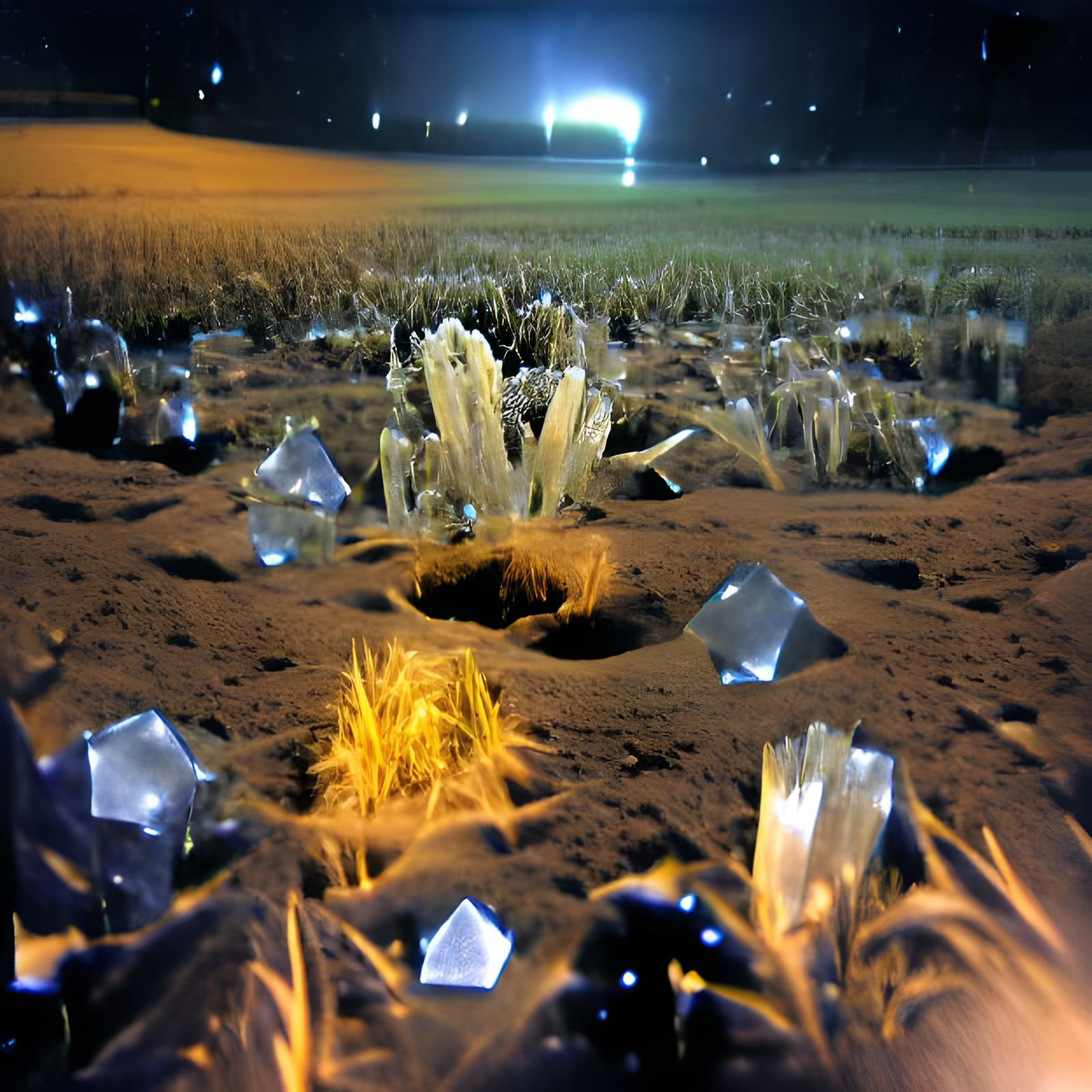 Crystals Bloom in a Night Field: Surreal Landscape